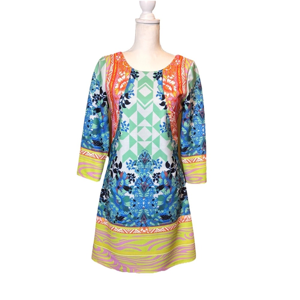 Custo Barcelona Chelsea Waitaia Dress Size 40 Vivid Print Boat Neck 3/4 Sleeve